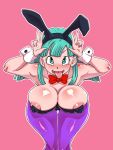  1girl bent_over bulma bulma_brief bunny_bulma bunny_ears_gesture bunnysuit double_v dragon_ball dragon_ball_z female_only huge_breasts looking_at_viewer nipple_bulge solo_female tongue tongue_out v 