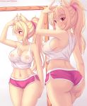  1girl animal_ear_fluff animal_ears ass bangs big_breasts blonde breasts curvaceous eyebrows_visible_through_hair fastrunner2024 high_resolution licking_lips long_hair looking_at_viewer looking_back midriff navel nekomimi nipples no_bra original patreon_username ponytail red_eyes reflection see-through short_shorts shorts slit_pupils smile stomach tank_top thick_thighs thighs tied_hair tiffy tiffy_(fast-runner-2024) tongue tongue_out watermark web_address white_background wide_hips 