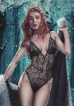  1girl breasts female_human female_only game_of_thrones human long_hair looking_at_viewer mostly_nude nipples outdoor outside pussy red_hair sansa_stark see-through see-through_underwear snow sophie_turner standing underwear 