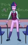  1_girl 1girl bottomless chalkboard classroom condom condom_in_mouth equestria_girls female female_only female_pubic_hair friendship_is_magic indoors looking_at_viewer my_little_pony no_panties partially_clothed pubic_hair pussy school_uniform solo standing twilight_sparkle twilight_sparkle_(mlp) uniform 