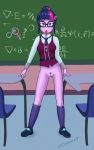  1_girl 1girl bespectacled bottomless chalkboard classroom condom condom_in_mouth equestria_girls female female_only female_pubic_hair friendship_is_magic glasses indoors looking_at_viewer my_little_pony no_panties partially_clothed pubic_hair pussy school_uniform solo standing twilight_sparkle twilight_sparkle_(mlp) uniform 