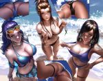  bikini_pull blizzard_entertainment breasts brigitte_(overwatch) brigitte_lindholm liang_xing looking_at_viewer looking_up multiple_girls multiple_views overwatch partially_submerged partially_visible_vulva pharah_(overwatch) ponytail realistic side-tie_bikini standing sunglasses thigh_strap widowmaker_(overwatch) 