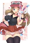  1girl big_breasts breast_grab clothing cute nintendo panties pokemon pokemon_xy serena skirt_lift sylveon thick_thighs 