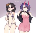  2_girls alternate_costume bikini black_hair blush breasts cosplay costume_switch dress embarrassed fate/grand_order game_freak gem horns impossible_clothes jacket jewelry lingerie looking_at_another marnie_(pokemon) nintendo panties pokemon purple_hair revealing_clothes short_hair shuten_douji_(fate) small_breasts smile swimsuit underwear 
