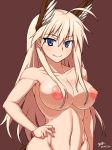  1girl 1girl ahoge big_breasts blonde blue_eyes breasts brown_background cleavage cowboy_shot eyebrows_visible_through_hair hand_on_hip hanna-justina_marseille head_wings high_resolution long_hair navel nipples nishiumi_yuuta nude smile strike_witches world_witches_series 