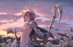  1girl 1girl armor army backlighting bigrbear breasts cape cloud cloudy_sky dragon_girl dragon_tail forest full_armor gauntlets green_eyes high_resolution horns light_frown loincloth looking_at_viewer medium_breasts monster_girl nature navel nipples original outside pauldron pennant perky_breasts pink_hair pointed_ears red_hair scythe serious short_hair sky solo_focus standard_bearer standing sunrise tail topless weapon 