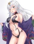  1girl 1girl alternate_costume anastasia_(fate/grand_order) blush cosplay embarrassed fate/grand_order gem impossible_clothes jewelry lingerie long_hair panties revealing_clothes shuten_douji_(fate) underwear white_hair 