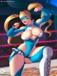  1girl big_breasts blonde blonde_hair blue_eyes boots breasts capcom cleavage cleavage_cutout curvy didi_esmeralda domino_mask flexing holding_object mask microphone pinup rainbow_mika smile solo_focus street_fighter thick_thighs twin_tails very_long_hair wide_hips wrestling_ring 