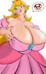  1girl big_breasts blonde_hair blue_eyes breasts clothed crown dress earrings female female_human female_only holding_breasts huge_breasts human pink_dress princess_peach scorpionscales solo super_mario_bros. white_background 