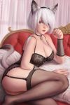  alluring animal_tail bare_shoulders bent_knees black_thighhighs blue_eyes breasts cat_ears catgirl choker curtain frilled_dress garter_straps high_res looking_at_viewer maid_uniform nier:_automata no_pants parted_lips paw_pose realistic reclining sciamano240 short_hair white_hair yorha_no._2_type_b 