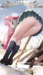  ass cangkong copyright_name covering_mouth darling_in_the_franxx full_body green_eyes horns long_hair looking_at_viewer non-nude pantyshot pink_hair pink_panties school_uniform underwear upskirt zero_two_(darling_in_the_franxx) 
