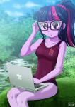  1girl equestria_girls female female_only friendship_is_magic glasses laptop leotard my_little_pony outdoor outside partially_clothed ponytail sitting solo twilight_sparkle twilight_sparkle_(mlp) uotapo 