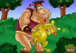 abs anal_penetration anal_sex ass bandana boots bottomless bush cum dave_(dave_the_barbarian) dave_the_barbarian dragon erection faffy grass green_eyes just_cartoon_dicks male male_only pet silly silly_face small_horns testicles trees web_address yaoi
