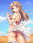  1girl ass bare_shoulders breasts desert long_hair looking_back open_mouth original panties purple_eyes skirt_lift traditional_clothes wind wind_lift 