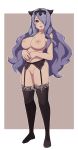  1girl 1girl 1girl big_breasts black_legwear breasts brown_background camilla_(fire_emblem) censor_bar censored classysexy cleft_of_venus fire_emblem fire_emblem_if full_body garter_belt garter_straps hair_over_one_eye headpiece heart heart-shaped_pupils high_resolution lamb-oic029 lingerie long_hair looking_at_viewer nintendo nipples open_mouth purple_hair pussy red_eyes smile standing stockings symbol-shaped_pupils topless two-tone_background white_background 