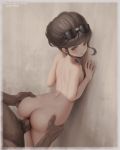  1boy 1girl against_wall anal anal_penetration ass_grab bangs bent_over doggy_position female_focus fingernails green_eyes groping letdie1414 male/female megane naked penis pokemon_xy pubic_hair sex standing teeth uncensored 