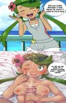 anime boris_(noborhys) cum cum_on_face edit ejaculation green_hair mallow mallow_(pokemon) nintendo paizuri pokemon pokemon_(anime) pokemon_sm text