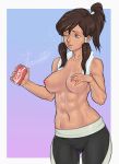  1_girl 1girl abs ambiguous_background areola asura_(artist) asura_(asurauser) avatar:_the_last_airbender blue_eyes breasts brown_hair cameltoe can clavicle coca-cola commission dark_skin element_bending female_only gluteal_fold hair_tubes high_resolution korra lips long_hair medium_breasts muscle muscular_female nipples nose one_eye_closed outside_border pants ponytail product_placement puffy_areolae sidelocks soda_can sweat sweating_profusely the_legend_of_korra tied_hair toned topknot topless towel towel_around_neck yoga_pants 