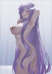  1girl armpits ass bangs big_breasts blush breasts completely_nude dark_nipples eyebrows_visible_through_hair halo high_resolution large_filesize long_hair looking_at_viewer ni_(221) nipples nude one_arm_up open_mouth purple_eyes purple_hair quinella sidelocks smile sword_art_online very_high_resolution very_long_hair 