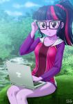  1girl equestria_girls female female_only friendship_is_magic glasses laptop my_little_pony outdoor outside partially_clothed ponytail sitting solo twilight_sparkle twilight_sparkle_(mlp) uotapo 