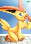  1girl bbmbbf blue_eyes breasts licking_penis nintendo nude open_mouth palcomix penis_grab pokemon pokepornlive tail victini yellow_skin 