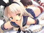  1boy 1girl admiral_(kantai_collection) black_panties blonde_hair elbow_gloves embarrassed face_in_ass kantai_collection komone_ushio long_hair miniskirt open_mouth rensouhou-chan sailor_uniform sexual_harassment sexually_suggestive shimakaze_(kantai_collection) striped_thighhighs 