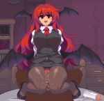 1boy 1girl :&gt; :d assertive bat_wings between_legs between_thighs big_breasts black_wings blinking breasts cum cum_on_body cum_on_legs cum_on_lower_body demon demon_girl ejaculation erection excessive_cum female_focus femdom flapping frottage gif grinding head_wings high_heels hypnotic koakuma large_filesize legs looking_at_viewer lotion lotion_bottle low_wings male/female naughty_face neck_tie open_mouth paid_reward pantyhose pencil_skirt penis pixel_art red_eyes red_hair red_neckwear shoes skirt smile sumata takorin thick_thighs thigh_sex thighjob thighs touhou trembling wings