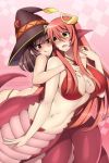1girl 2020 2_girls 5_fingers age_difference blush breast_grab breasts colored female_only happy happy_sex huge_breasts interspecies kono_subarashii_sekai_ni_shukufuku_wo! lamia lindaroze long_ears long_hair megumin miia_(monster_musume) monster_musume monster_musume_no_iru_nichijou naughty_face not_furry open_mouth pink_background red_eyes red_hair short_hair size_difference smile snake snake_girl snake_tail tongue_out witch_hat yellow_eyes yuri