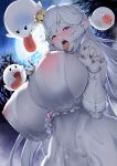  1girl areola blush boo boo_(mario) booette boosette breasts bursting_breasts cation cleavage crown dress earrings erect_nipples eyebrows_visible_through_hair fingernails forest full_moon ghost_pose gigantic_breasts high_resolution huge_breasts ion_(cation) jewelry long_hair luigi&#039;s_mansion mario_(series) moon nature new_super_mario_bros._u_deluxe night night_sky nintendo nipples open_mouth outside pointed_ears pubic_hair purple_eyes pussy see-through sharp_fingernails sharp_nails sharp_teeth silver_hair sky super_crown super_mario_bros. teeth third-party_edit tongue tongue_out viewed_from_below white_dress white_hair white_skin 