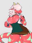  2019 animal_ears animal_tail anthro apron avante92 color fangs hair_over_eye hair_over_eyes horns original red_skin scalie tongue tongue_out 
