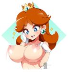  1_girl 1girl areola big_breasts blue_eyes breasts brown_hair crown earrings female female_only flower_earrings gloves happy iryanic light_skin looking_down mario_bros mostly_nude naked_gloves nintendo nipples no_bra princess_daisy puffy_nipples solo solo_female sparkle super_mario_bros. topless upper_body white_gloves wide-eyed 