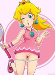  1girl bare_shoulders blonde_hair blue_eyes clothed crown dress dress_lift earrings female female_human female_only hairless_pussy human instastruckt long_hair looking_at_viewer one_eye_closed panties panties_around_thighs panties_down princess_peach pussy short_dress solo super_mario_bros. tennis_racket 