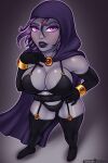  1girl 1girl 1girl big_breasts big_breasts breasts cleavage dc_comics female_only forehead_jewel looking_at_viewer purple_eyes purple_hair purple_lipstick rachel_roth raven_(dc) shadowboxer stockings teen_titans 