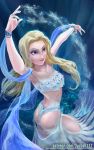  1girl arm_up ass bare_shoulders bikini blonde_hair blue_background blue_eyes breasts cleavage commentary disney dress elsa elsa_(frozen) female female_only frozen_(movie) frozen_ii_(disney) gluteal_fold hair_over_shoulder hand_up judash137 long_hair magic pale_skin patreon_username see-through_silhouette signature smile snowflakes solo standing watermark white_dress 
