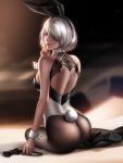 1girl alluring blue_eyes bunny_costume bunnysuit closed_mouth liang_xing looking_back nier:_automata non-nude rabbit_ears rabbit_tail white_hair yorha_no._2_type_b