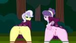  2_girls 2girls anus ass bent_over clothed earrings equestria_girls female female_only friendship_is_magic green_panties hand_on_ass hand_on_own_ass inviting looking_at_viewer my_little_pony outdoor outside panties panties_down presenting_hindquarters pussy red_panties school_uniform skirt suri_polomare suri_polomare_(mlp) uniform upper_crust_(mlp) upskirt viewed_from_behind 