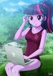  1girl equestria_girls female female_only friendship_is_magic laptop leotard my_little_pony outdoor outside partially_clothed ponytail sitting solo twilight_sparkle twilight_sparkle_(mlp) uotapo 
