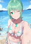 1girl ;) absurd_res aqua_eyes aqua_hair arm_at_side bare_shoulders bikini blue_sky breasts chest_jewel cleavage closed_mouth collarbone cowboy_shot day english_text evan_(pixiv7510743) front-tie_bikini_top front-tie_top gem halterneck high_res looking_at_viewer medium_breasts navel neon_trim nintendo ocean one_eye_closed outside outstretched_arm pneuma_(xenoblade) ribbon rock selfpic side-tie_bikini_bottom sidelocks sky smile spoilers stomach swimsuit viewfinder water white_bikini white_ribbon xenoblade_(series) xenoblade_chronicles_2