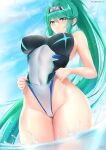 1girl alluring bare_shoulders big_breasts black_one-piece_swimsuit blue_sky blush breasts cameltoe clothes_pull competition_swimsuit covered_navel cyicheng gem green_eyes green_hair hair_ornament headband headpiece highleg highleg_swimsuit jewelry long_hair looking_at_viewer nintendo one-piece_swimsuit one-piece_swimsuit_pull open_mouth pneuma_(xenoblade) ponytail short_hair sideboob sidelocks sky swept_bangs swimsuit thighs tiara two-tone_swimsuit very_long_hair very_short_hair wading water wet white_one-piece_swimsuit xenoblade_(series) xenoblade_chronicles_2 