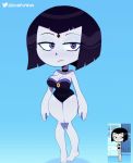  1girl 1girl 1girl barefoot black_hair blue_background breasts cleavage clothing dc_comics dc_comics female_only forehead_jewel frown grey_skin looking_away one-piece_swimsuit partially_clothed purple_eyes raven_(dc) simple_background solo_female somescrub swimsuit teen_titans teen_titans_go unamused voluptuous 