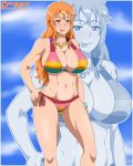 1girl alluring big_breasts bikini blush breasts female_abs long_hair looking_at_viewer nami_(one_piece) one_piece orange_hair studio_oppai swimsuit tongue tongue_out
