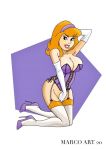  1girl 2020 ass breasts corset daphne_blake female female_human female_only garter_straps gloves hairband hand_between_legs high_heels human kneeling long_gloves mostly_nude on_knees red_hair redhead scooby-doo solo stockings thighs 