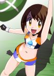 1girl :d alternate_costume brown_hair clothed cosplay female female_human female_only female_protagonist_(pokemon_ss) game_freak impossible_clothes minishorts nessa_(pokemon) nintendo pokemon short_hair shorts solo solo_focus standing 