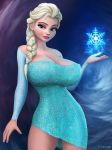 1girl big_breasts blonde_hair braid clothed curview disney dress elsa elsa_(frozen) female female_only frozen_(movie) huge_breasts looking_at_viewer single_braid snowflake solo standing