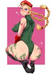  1girl ass beret big_ass big_breasts blonde_hair blush breasts cammy_white capcom chickenandtiger embarrassed leotard long_hair looking_back revealing_clothes street_fighter tattoo 