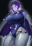  1girl 1girl 1girl big_breasts blush cape dc_comics donaora889 female_only grey_skin heart huge_breasts leotard looking_at_viewer nipples purple_eyes purple_hair raven_(dc) short_hair solo_focus teen_titans thick_thighs thighs 