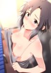  1girl 1girl 1girl ahoge bare_shoulders black_hair blurry blush breasts camisole_lift changing_room clavicle depth_of_field frown idolmaster idolmaster_(classic) indoors kikuchi_makoto looking_at_viewer looking_up nipples parted_lips purple_eyes short_hair small_breasts steaming_body sweat tengu_(tetuo_kun) viewed_from_above 