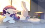  1girl blush cutie_mark female female_only female_unicorn fensu-san friendship_is_magic horn indoors looking_at_viewer lying my_little_pony one_leg_up pony pussy rarity rarity_(mlp) sex_machine solo tail unicorn vaginal vaginal_penetration 