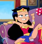  1girl after_masturbation biting_lip black_hair boots clothed dc dc_comics dildo earrings edit female female_only holding_dildo indoors pussy pussy_juice skirt skirt_lift solo spread_legs spunkbug tagme teen_titans_go vaginal_juices wonder_woman 