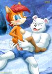  1boy 1girl anthro archie_comics ass_grab augustus_the_polar_bear bbmbbf big_breasts big_ears black_nose blue_eyeshadow breasts brown_fur closed_eyes cum cum_in_pussy cum_inside erect_nipples erect_penis erma_ermine furry grabbing_another&#039;s_ass mobius_unleashed nipples open_mouth orgasm orgasm_face outside palcomix penis red_hair sega sex sitting_on_penis sitting_on_person sock sonic_(series) sonic_the_hedgehog_(series) tail white_fur 